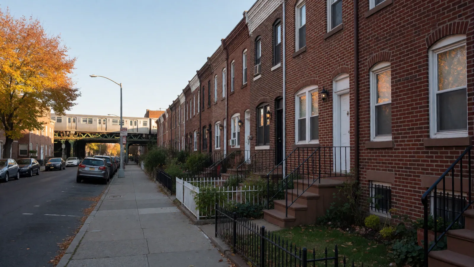 A residential street in Woodside, Queens, beneath the elevated 7 train