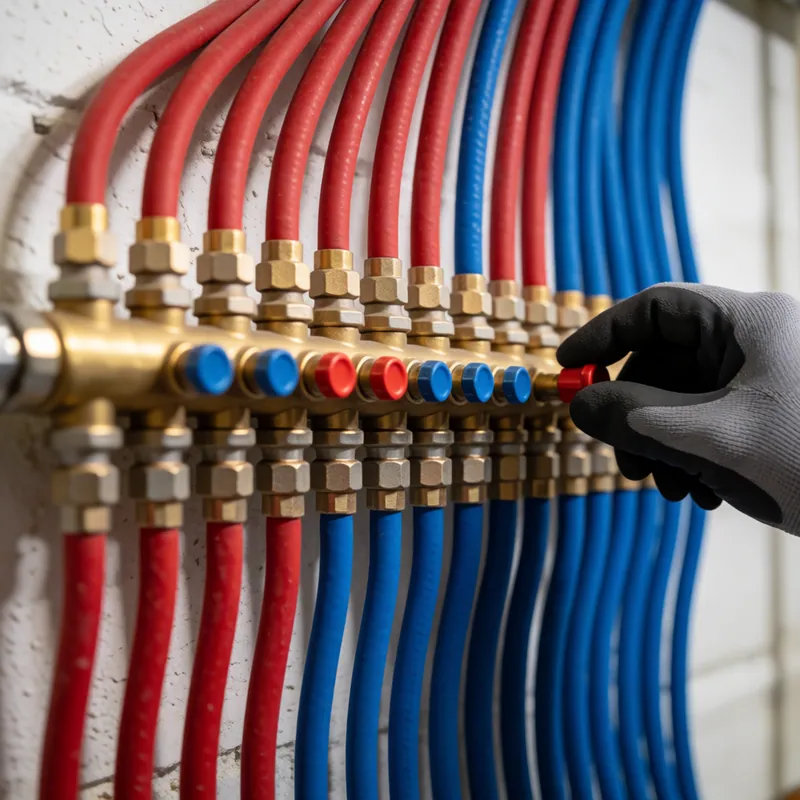 A labelled plumbing manifold with shutoff valves in a Queens basement