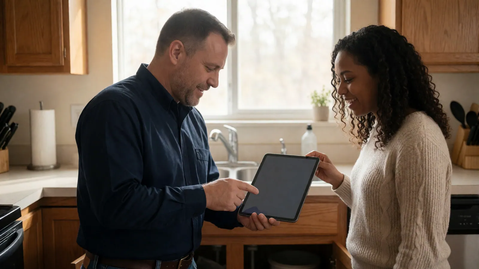 A plumber explaining a repair to a homeowner in Woodside, Queens